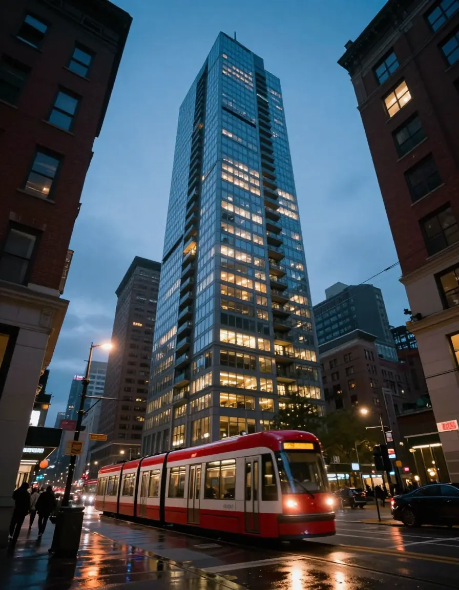 Glass condo tower at dusk with a red streetcar passing below