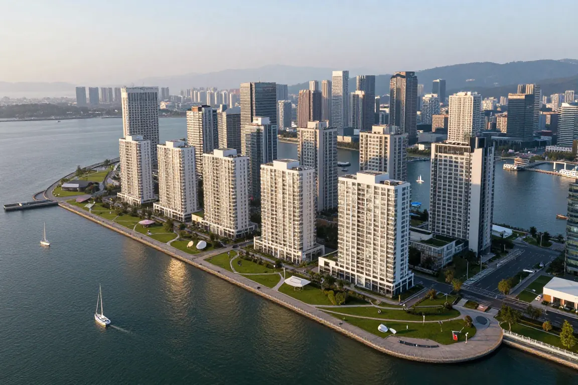 Aerial view of condo towers along a waterfront park